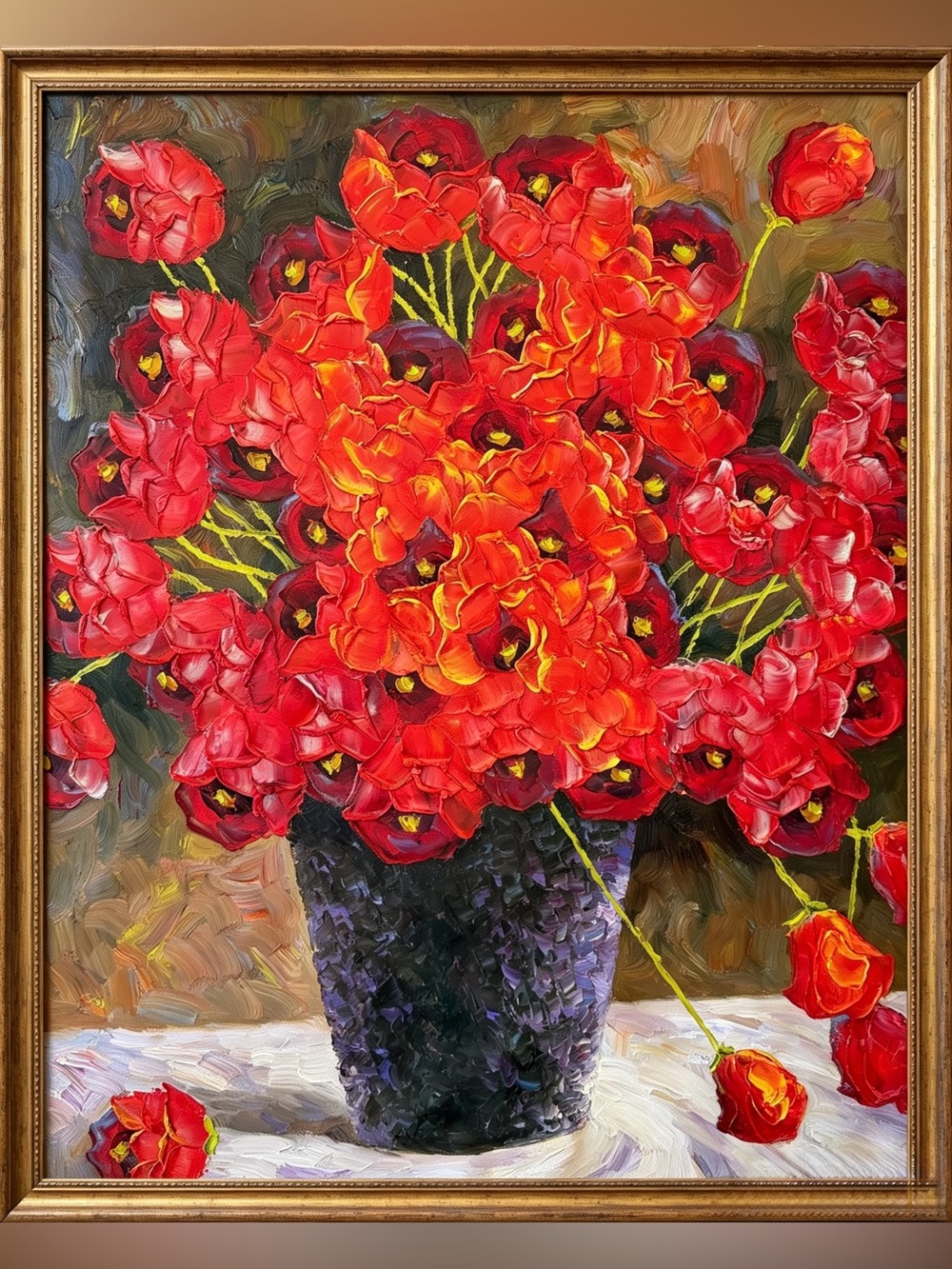 100% Handmade Oil Painting Vibrant Red Poppy Bouquet（Frame not included）